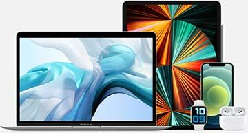 Apple Produkte, MacBook, iPad, Apple Watch, iPhone und AirPods auf weißem Hintergrund 