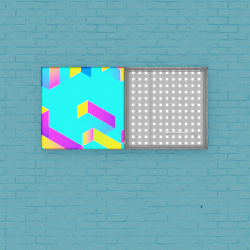 zwei PIXLIP Flatpanels an blauer Wand, eins mit Textildruck, eins ohne Textildruck