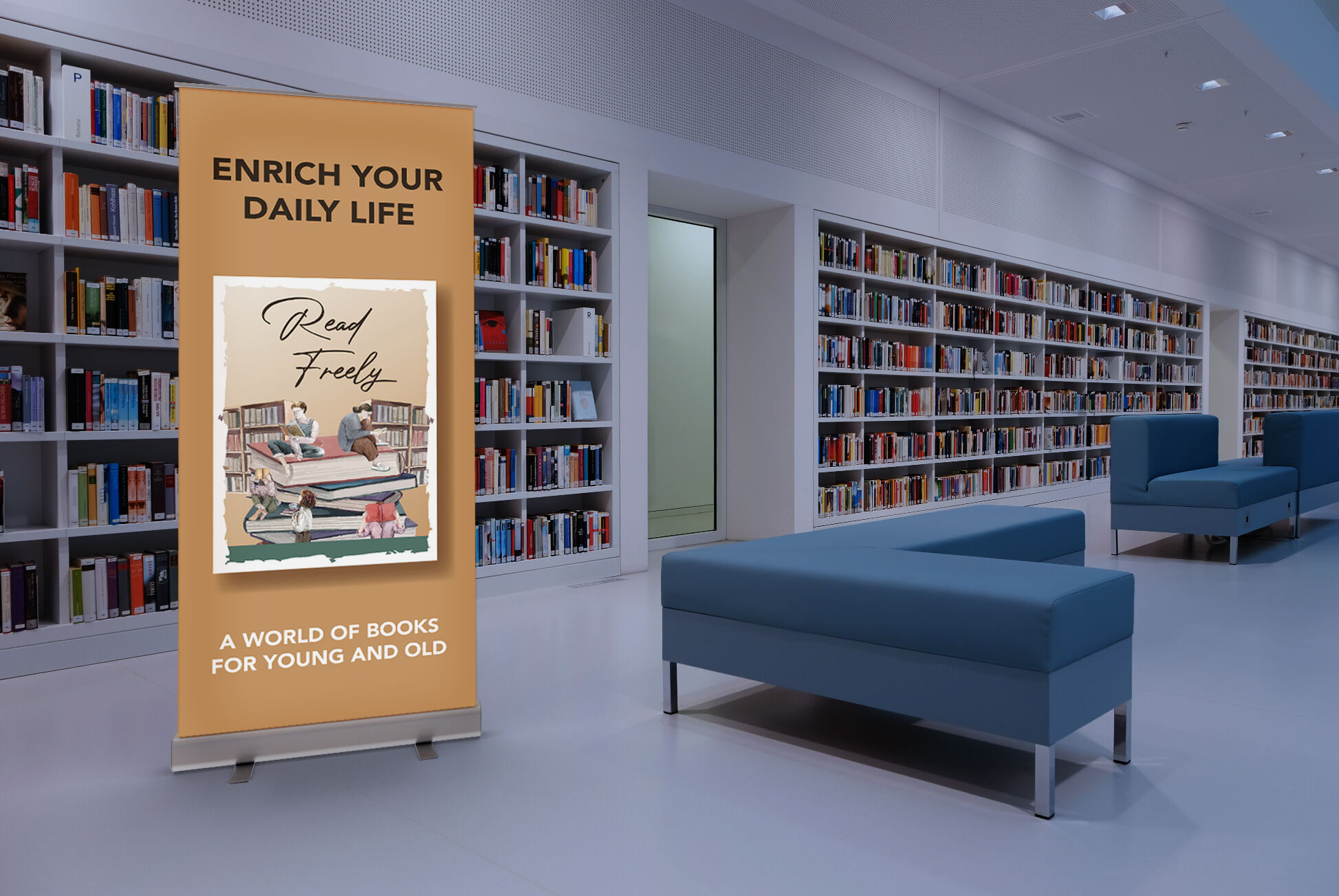 Bücherei mit Sofa und Pixlip Roll-Up im Raum