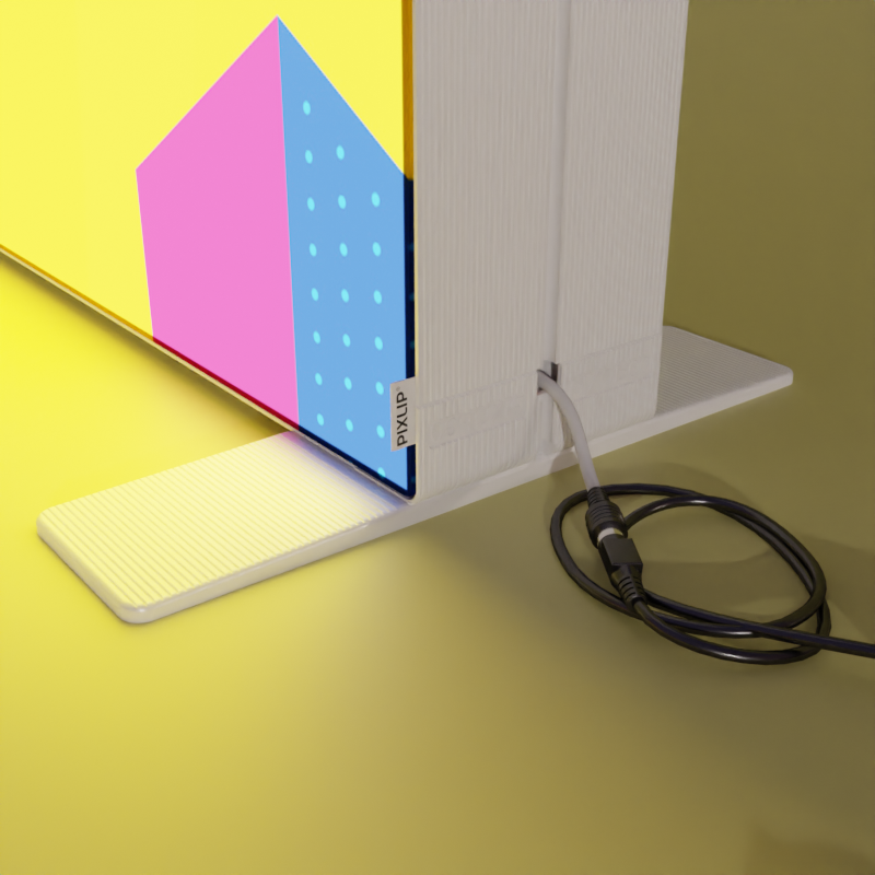 PIXLIP GO Leuchtrahmen untere Ecke mit Textildruck und Kabel auf gelbem Boden