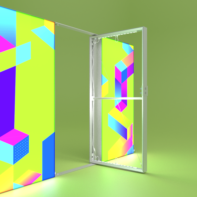 PIXLIP EXPO Leuchtrahmen mit Textildruck und die Tür ohne Textildruck auf grünem Boden