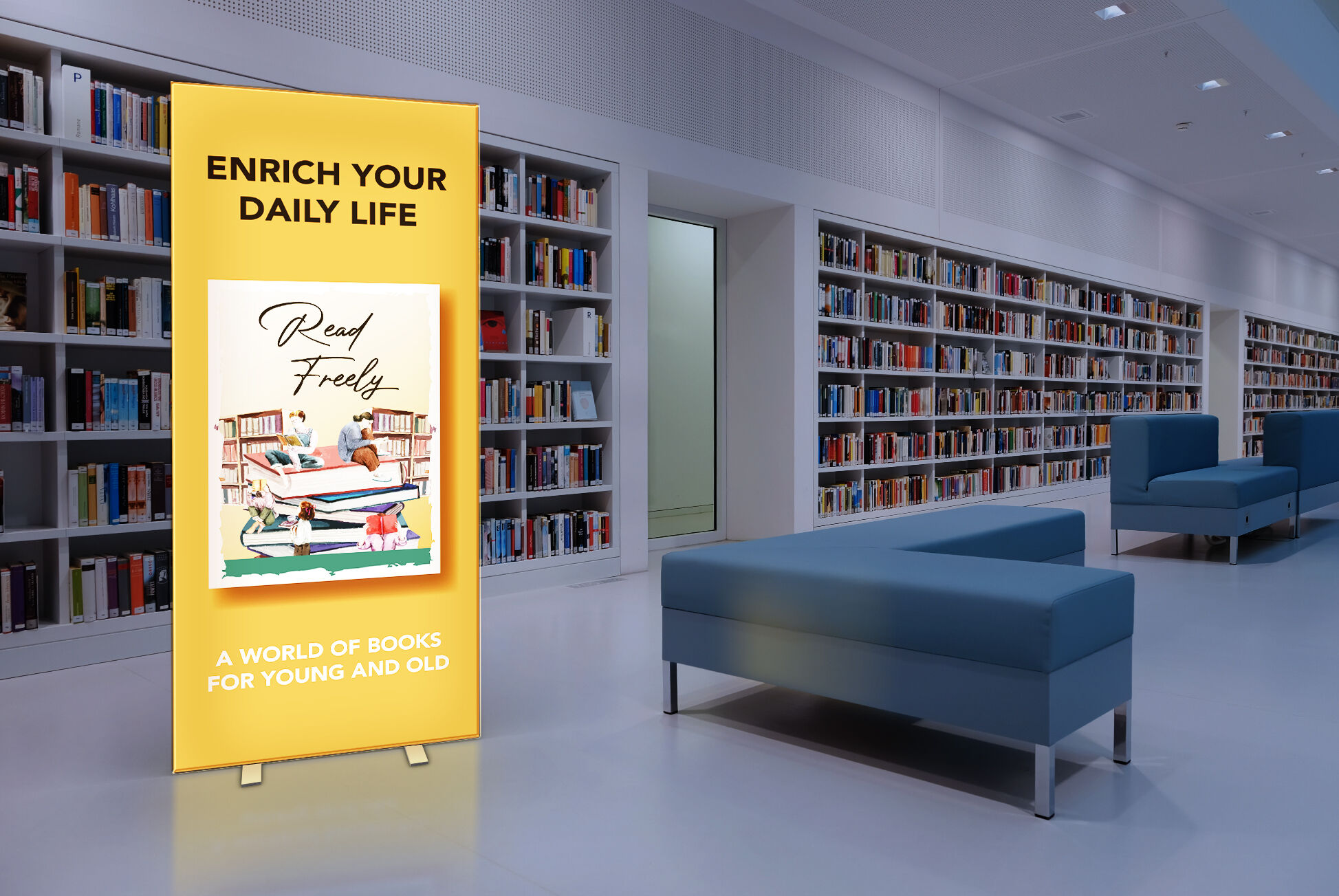 Bücherei mit Sofa und Pixlip POP Lightbox im Raum