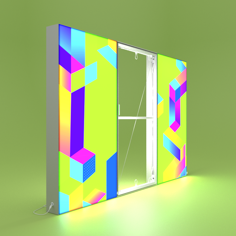 PIXLIP EXPO Leuchtrahmen mit Textildruck und die Tür ohne Textildruck auf grünem Boden