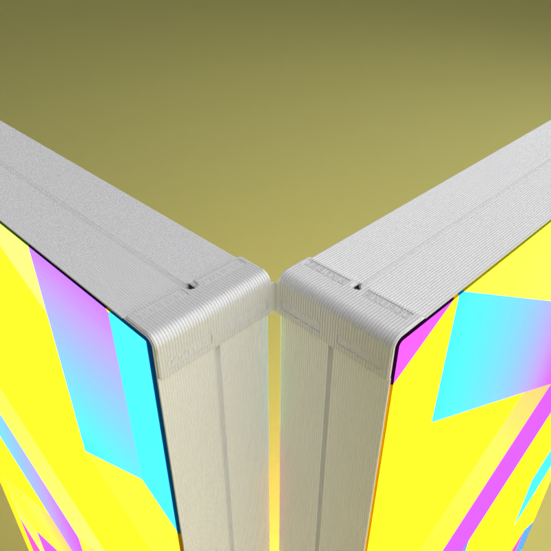 zwei PIXLIP GO Leuchtrahmen aneinander verbunden mit Flexverbinder auf gelbem Boden