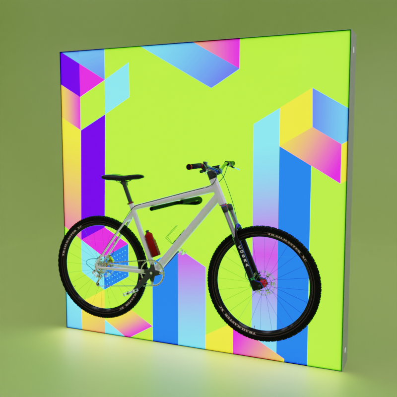 Fahrrad an PIXLIP EXPO Lightbox mit Textildruck befestigt