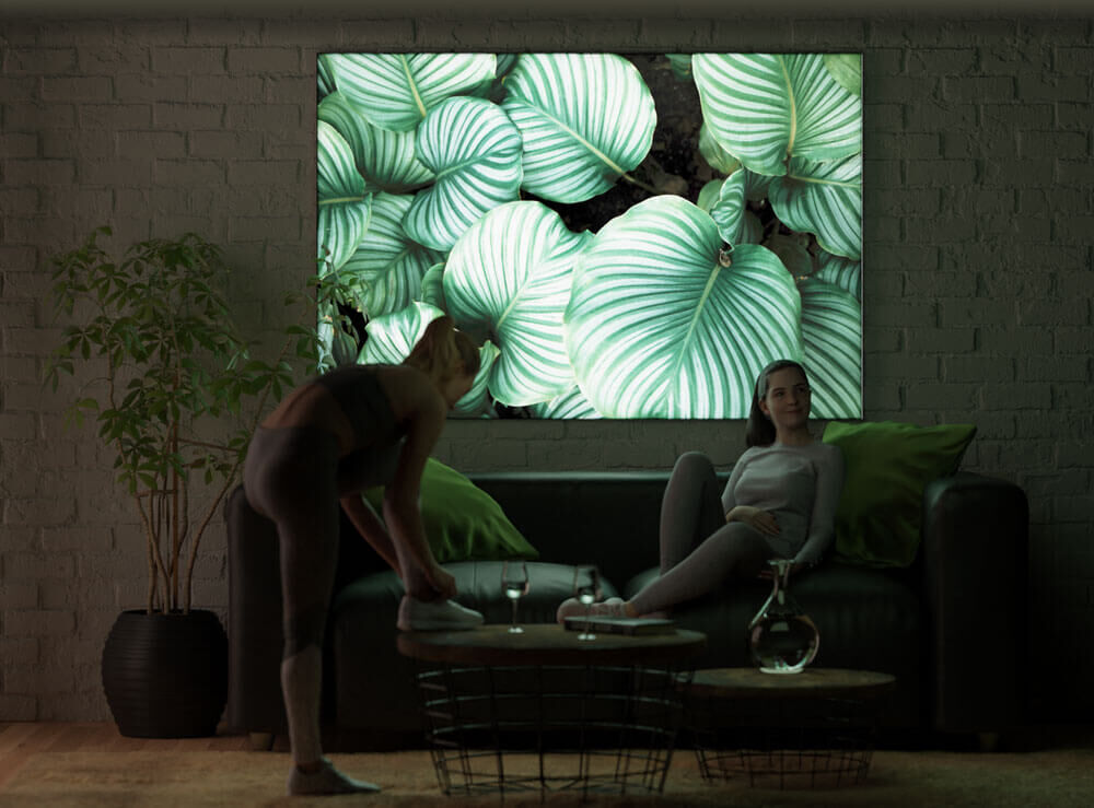 Wohnzimmer mit zwei Frauen, Sofa, Tisch und Pflanze, an Wand Pixlip Poster