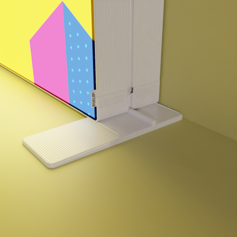 PIXLIP GO Leuchtrahmen untere Ecke mit einseitiger Fußplatte montiert auf gelbem Boden