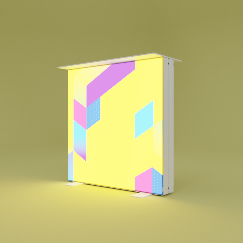 PIXLIP GO Counter S mit weißer Thekenplatte und Textildruck im gelbem Raum